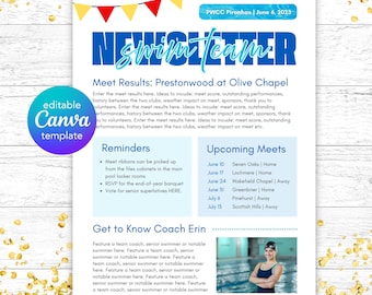 Swim Team Newsletter Template: Editable Canva Design (A4 & US Letter Sizes)