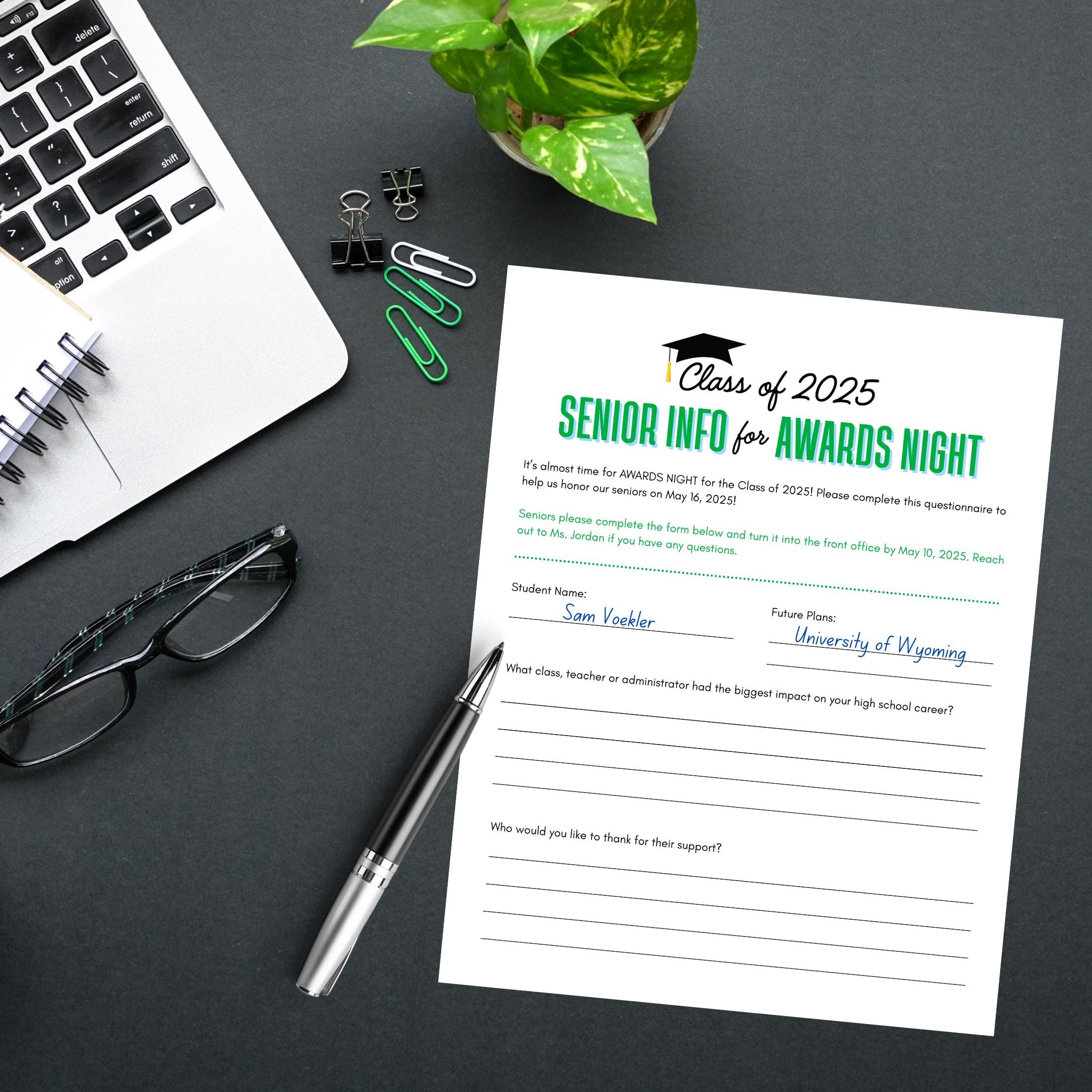 High School Senior Bio Form | Senior Awards or Graduation Questionnaire ...