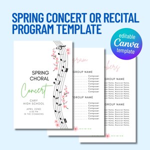 Spring Concert Program Template for Chorus, Orchestra, Band or Piano, Spring Event Program
