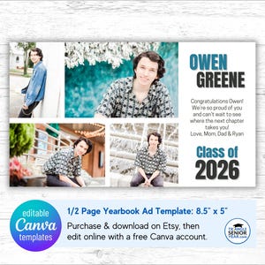 Senior yearbook ad template for boys, 1/2 page, size 8.5 x 5