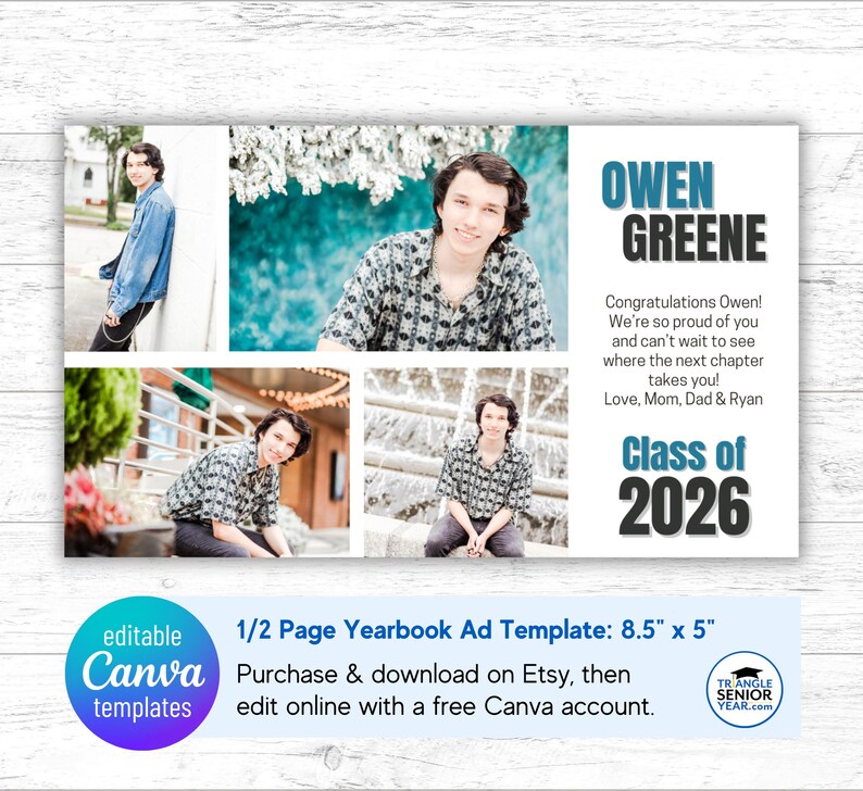 Senior yearbook ad template for boys, 1/2 page, size 8.5 x 5
