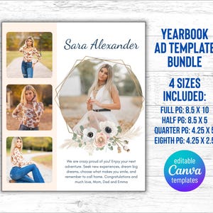 Pretty Yearbook Ad Templates with Flowers, Senior Year Tribute Ad, Editable Full, 1/2, 1/4 and 1/8 page Canva Templates