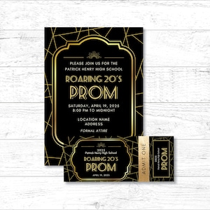 Art-Deco-Einladungs- und Ticketvorlagen für Abschlussball, Tanz, Event oder Party, bearbeitbare Vorlagen für Schultanz