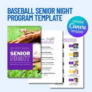 Peut inclure: Un modèle de programme de soirée de fin d'année de baseball en violet et blanc avec un gant de baseball et une balle sur un fond d'herbe verte. Le programme comprend un calendrier des événements et une liste des joueurs seniors avec leurs photos et leurs projets futurs.