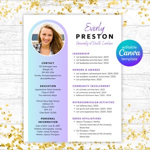 Editable Sorority Resume Template | Canva Template for College Sorority Recruitment, Rush Resume Template