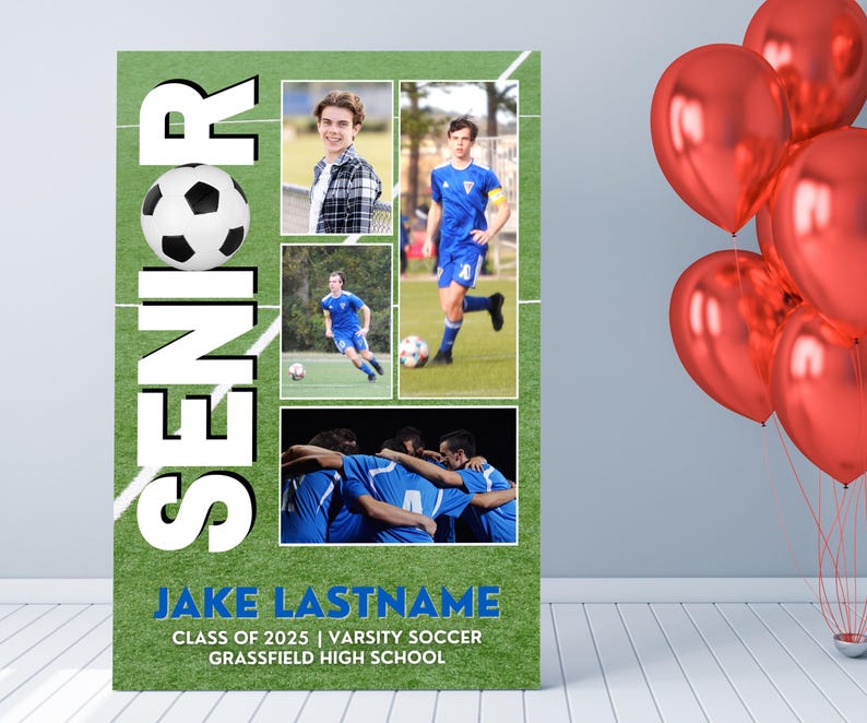 Senior night soccer poster template with red balloons