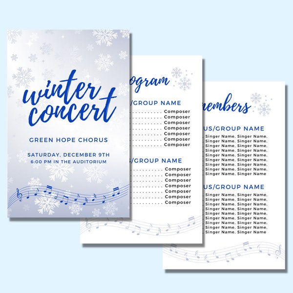 Winter Concert Program Template, Winter Recital Program, Program Template for Chorus, Orchestra, Band, Piano