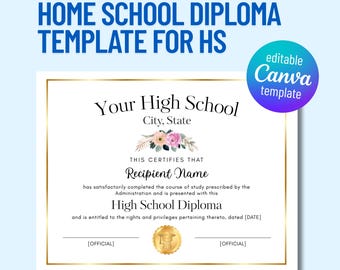 Bonita plantilla de diploma para la escuela en casa, editable con flores bohemias, no tradicional para graduación de secundaria.