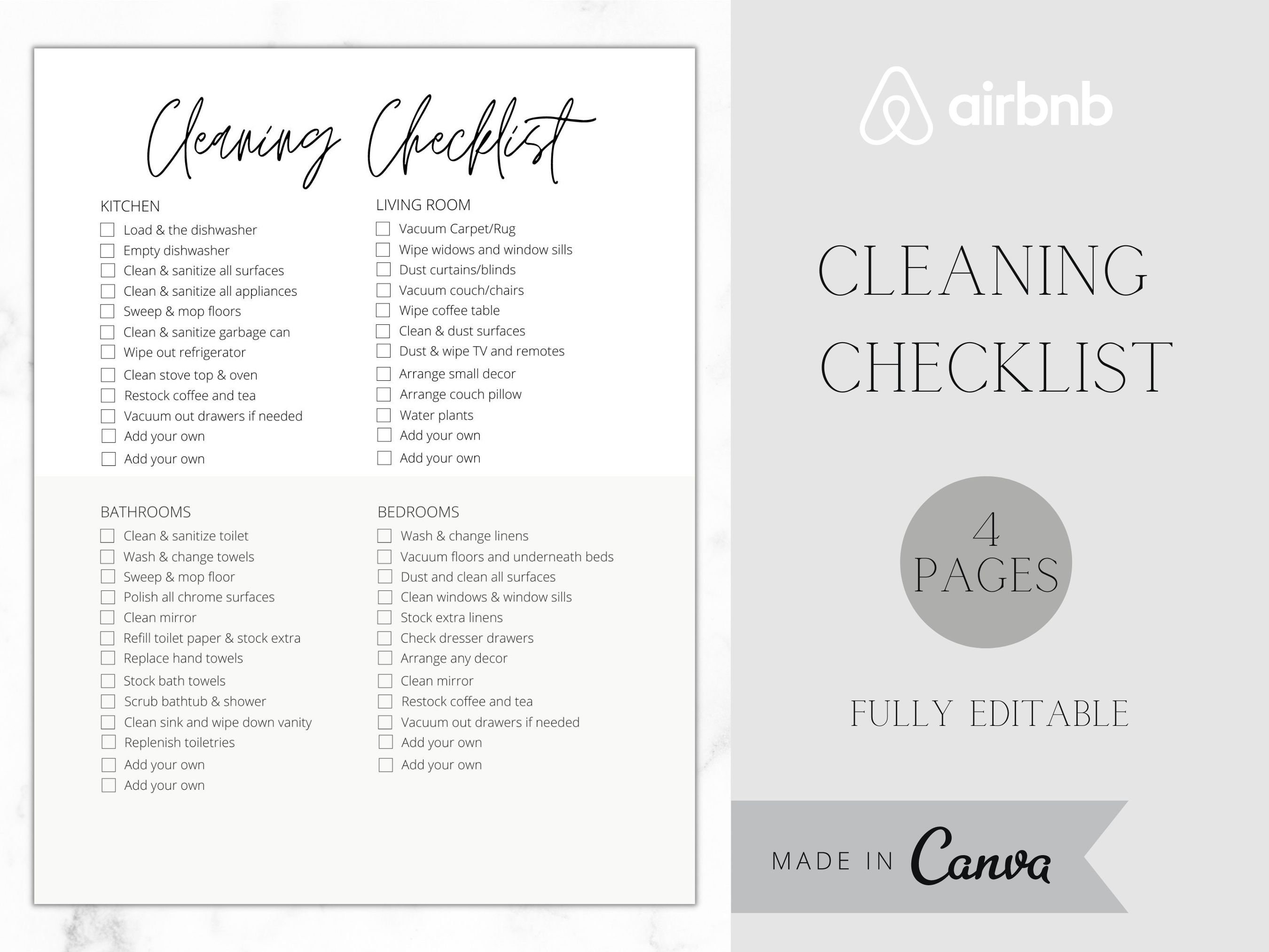 Airbnb Cleaning Checklist EDITABLE Cleaning Checklist - Etsy