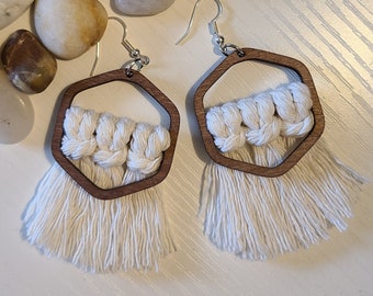 Macramé Earrings | Wood and Fringe Earrings | Boho Style | Dangle Earrings | Cotton