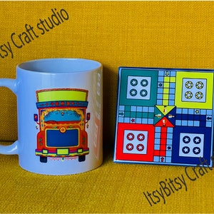 Ethnic mug coaster set, Truck mug coaster gift box, Truck art mug, Pakistani truck art, Indian truck art, Truck mug, Ludo coaster, Ramadan