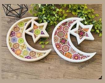 Crescent Star Ramadan Tray, Decorative Wood Serving Tray, Printed crescent tray, Islamic gift, Islamic serving tray, Islamic wood tray decor