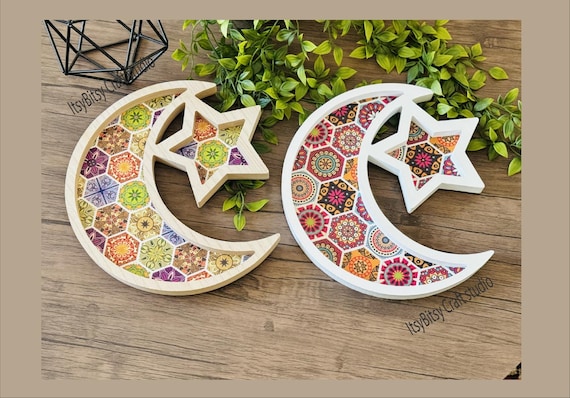 Crescent Star Ramadan Tray, Decorative Wood Serving Tray, Printed crescent tray, Islamic gift, Islamic serving tray, Islamic wood tray decor