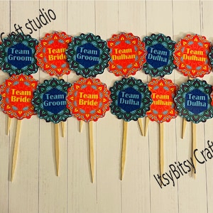 Desi wedding mithai toppers, sweet toppers, cupcake toppers, Team bride, Team groom, Team dulha, Team dulhan toppers, desi wedding toppers