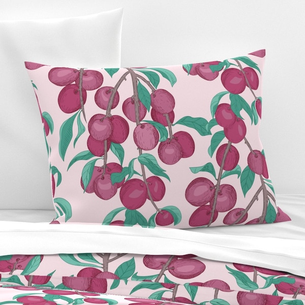 Vintage Botanical Pillow Sham Set for Bedding. Hand Drawn Pink Plum Pillow Cover. Knife and Flanged Edge Pillow Sham. Cotton Pillow Sham.