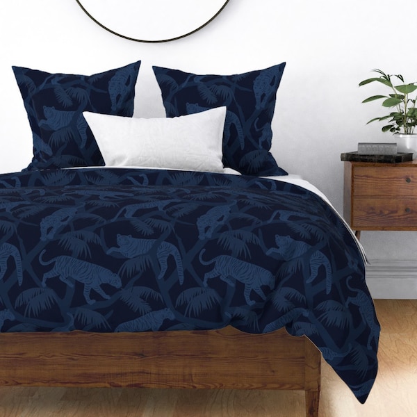 Jungle Tiger Duvet Cover for King Queen Full or Twin. Midnight Blue Cotton Duvet Cover. Bedding Set. Bedroom Decor.