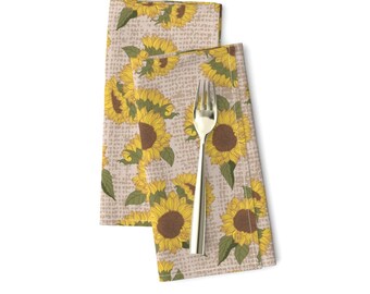 Sunflowers on Burlap Texture Cotton Linen Dinner Napkins