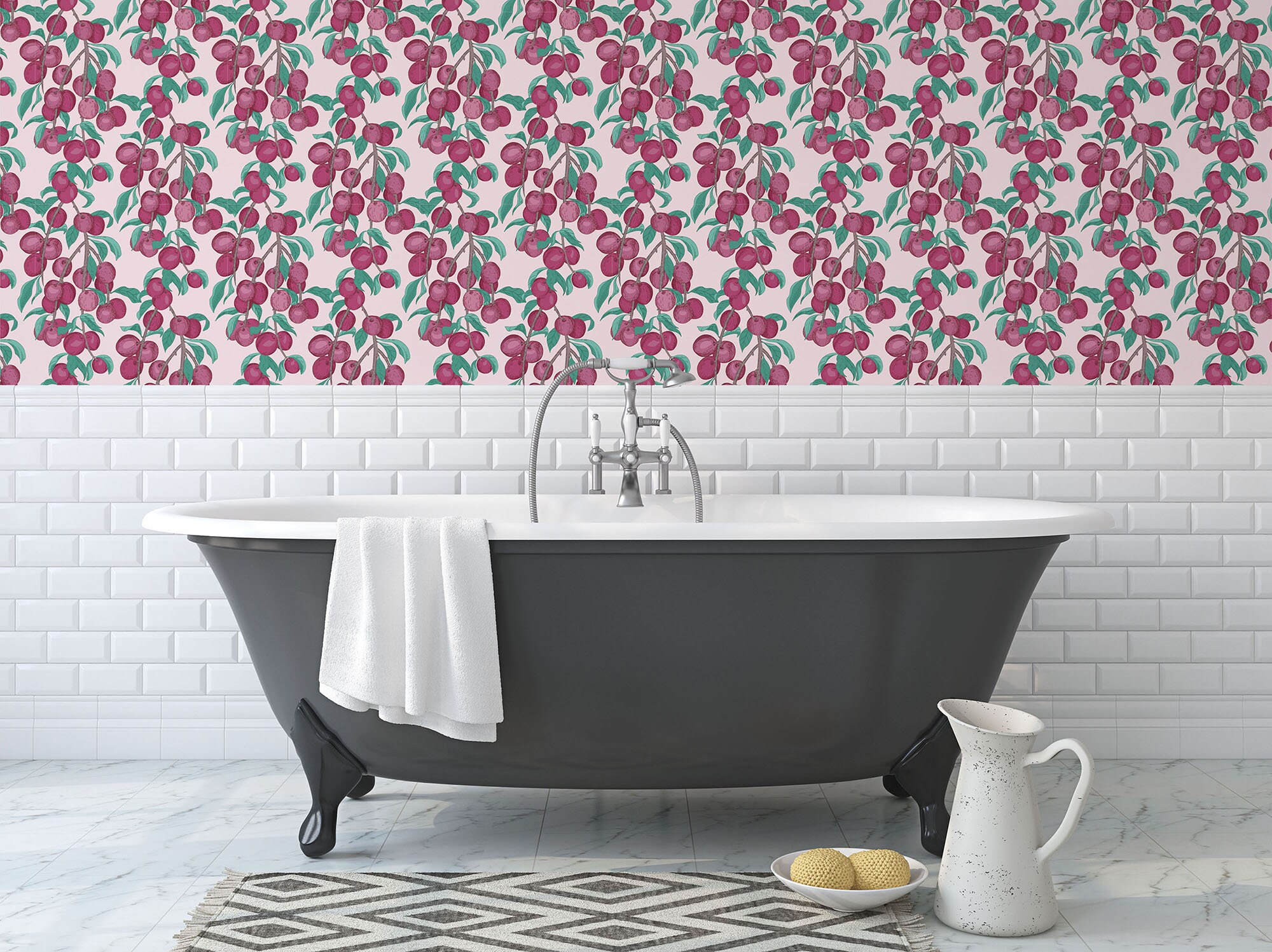 Hand Drawn Vintage Wallpaper for Kitchen Bathroom and Interiors. Fruit Wallpaper With Plums ...