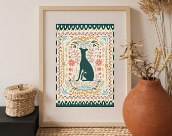May include: A framed print with a dark green background and a white silhouette of a dog sitting in a colorful floral pattern.