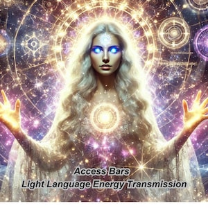 May include: A woman with glowing blue eyes and long white hair stands in front of a swirling background of stars and circles. The text "Access Bars Light Language Energy Transmission" is at the bottom of the image.