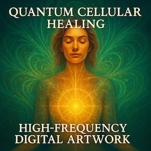 May include: Digital artwork featuring a woman with closed eyes, radiating golden light from her chest. The background is a blend of green and gold with text that reads "QUANTUM CELLULAR HEALING" and "HIGH-FREQUENCY DIGITAL ARTWORK."