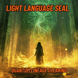 Puede incluir: Una mujer con una túnica negra se encuentra de pie en una puerta brillante con acentos verdes y dorados. El texto "LIGHT LANGUAGE SEAL" y "QUANTUM LINEAGE CLEARING" es visible en la imagen.
