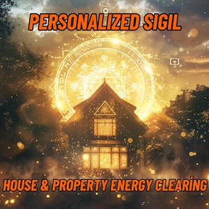 May include: A personalized sigil for house and property energy clearing, featuring a geometric design with a house in the center, surrounded by a glowing circle and trees. The sigil is set against a backdrop of a sunset sky.