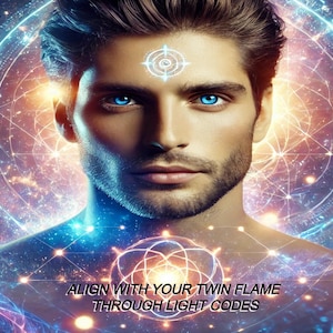 May include: A man with blue eyes and a beard is surrounded by a glowing, colorful, geometric pattern. The text "ALIGN WITH YOUR TWIN FLAME THROUGH LIGHT CODES" is at the bottom of the image.