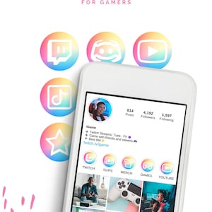 May include: A phone screen displaying an Instagram profile for a gamer with the username "iGame". The profile has 814 posts, 4,192 followers, and 1,597 following. The profile bio includes information about Twitch streams, gaming with friends, and the best life. The profile picture is a woman wearing headphones. The profile has a grid of nine images, including a person playing a video game, a video game controller, and a person wearing headphones. The profile has a row of five icons for Twitch, Clips, Merch, Games, and YouTube. The icons are in a rainbow gradient.