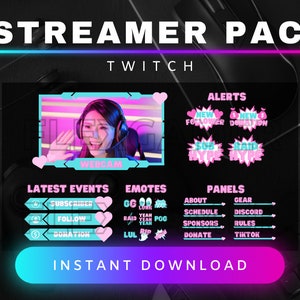 Twitch Overlay Package, Teal & Pink &quot;Hearts&quot; Theme | Emotes | Feminine Style | Webcam | Scene Transitions | Twitch Alerts | Twitch Panels