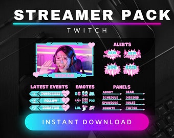 Twitch Overlay Package, Teal & Pink "Hearts" Theme | Emotes | Feminine Style | Webcam | Scene Transitions | Twitch Alerts | Twitch Panels