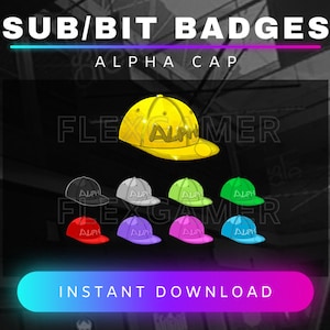 Puede incluir: Un conjunto de 10 insignias digitales que presentan una gorra de béisbol amarilla con la palabra "ALPHA" escrita en ella. Las insignias están disponibles en diferentes colores, incluyendo negro, gris, verde, rojo, morado, rosa y azul. El texto "SUB/BIT BADGES" y "ALPHA CAP" se muestra en la parte superior de la imagen. El texto "FLEXGAMER" se muestra debajo de las insignias. El texto "INSTANT DOWNLOAD" se muestra en un botón rosa en la parte inferior de la imagen.
