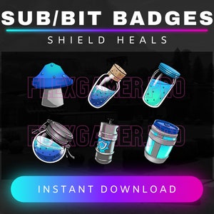 May include: Image features six digital badges with a fantasy theme. The badges include a blue mushroom, potion bottles, and a cylindrical container. Text includes "SUB/BIT BADGES", "SHIELD HEALS", and "INSTANT DOWNLOAD".