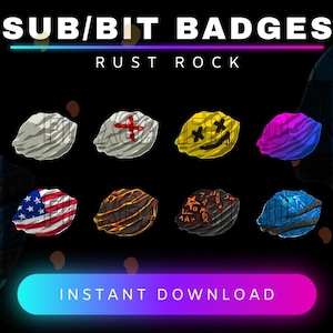Może przedstawiać: Cyfrowe odznaki z motywem skał, z różnymi wzorami, takimi jak uśmiechnięta buzia i amerykańska flaga. Tekst "SUB/BIT BADGES" i "RUST ROCK" są wyświetlane u góry, z "INSTANT DOWNLOAD" na dole.