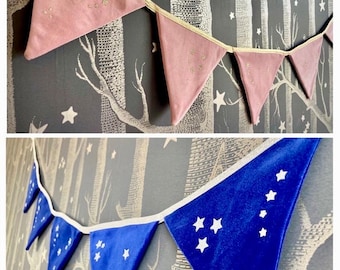 Velvet Sparkle Bunting, luxury garland, stars, pink velvet, blue velvet, children’s decor, kids bedroom, children’s gift, party decoration