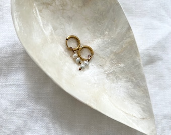 Freshwater Pearl Huggie Hoop Earrings: Delicate Silver Drop Earrings
