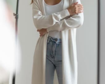 Long cardigan in cream grey and taupe, made in Italy