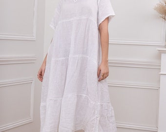 Linen white dress short sleeves