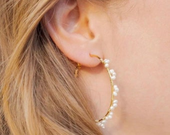 Large pearl hoop earrings