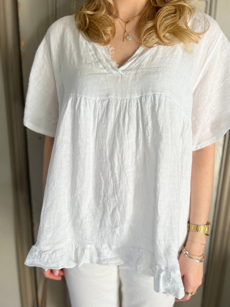 White Linen blouse, pure linen top/blouse in WHITE Bild 1