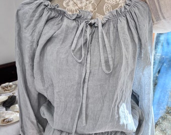 Linen blouse in grey and taupe tie front
