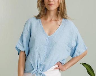 Linnen blouse met gestrikte voorkant