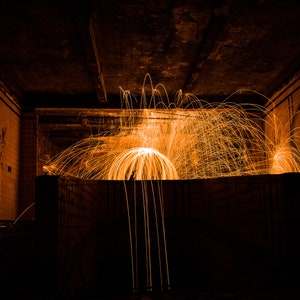 Dead Space. Steel Wool Spinning in Abandoned Central Terminal. Fire Dancing and Urban Exploration. Long Exposure Photography Fine Art Prints