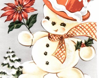 Handmade Set of TWO 5x5 - 1950's Vintage Retro HELLO Snowman w. Poinsettia Christmas Craft Quilt Cotton Fabric Blocks