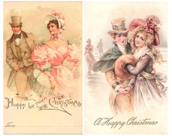 Handmade - Set of TWO 4x6 Pastel Victorian Christmas Couples Craft or Quilt Fabric Blocks by Bella Stitchery