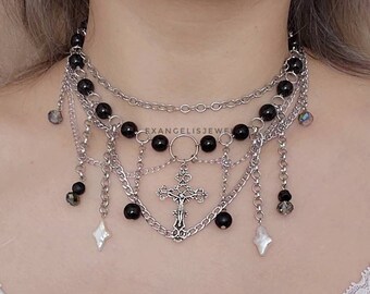 Gothic Beaded Grunge Necklace, Sexy Onxy Beaded Grunge Necklace, Black Necklace, Gift for Her