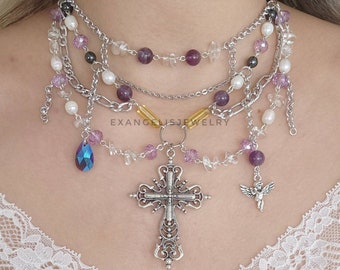 Violet Fairycore Necklace, Grunge Fairycore Necklace with Cross Charm, Amethyst Fairy Jewelry, Beaded Gemstone  Fairy Necklace