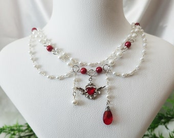 Red and White Beaded Angelcore Necklace with Silver Plated Heart Wing Charm, Grunge Princesscore Necklace, Handmade Jewelry