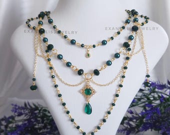Handmade Dark Green Beaded Layered Necklace, Gold Chain Fairycore Jewelry