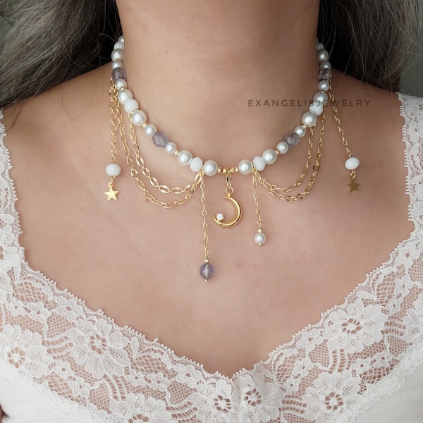 Princesscore Choker Necklace with Gold Plated Crescent Pandent, Grunge Fairycore Necklace, Handmade Jewelry, Cottagecore Necklace, Coquette